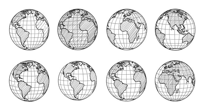 Sophisticated hand-drawn globe illustrations, depicting Earth's continents and geographical grid from diverse rotational perspectives