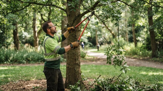 Professional arborist pruning tree branches with loppers, male gardener in high-visibility vest trimming foliage, tree surgeon performing garden maintenance