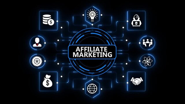 Affiliate Marketing Dashboard Featuring Intelligent Digital Business Analytics and Enterprise Growth on Dark Blue Background