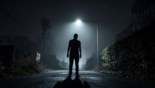 Male zombie silhouette standing under a single streetlamp at night