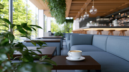 Fototapeta premium White coffee cup rests perfectly on a saucer beside soft seating in a cozy cafe oasis Generative AI