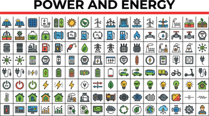 Power and energy icon set with renewable solar panel wind turbine battery electric vehicle industry flat line vector illustration © RUKSANA
