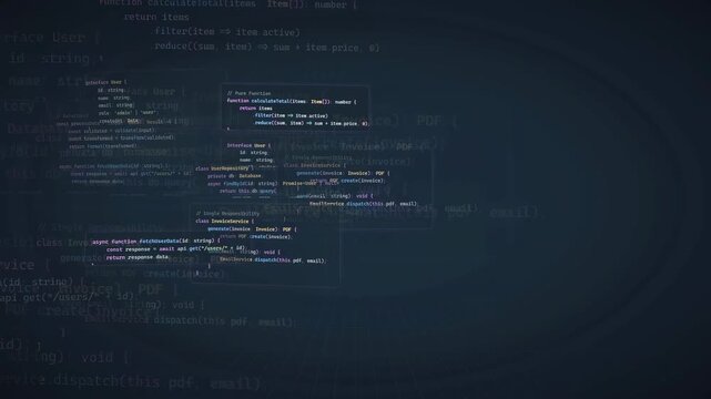 Abstract Digital Background with Floating Programming Code and Data Streams in Dark Blue Space