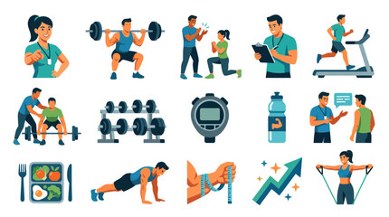 Fototapeta premium Fitness and Health Icons: People Exercising, Nutrition, Equipment, Flat Art