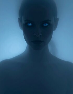 Dark shadowy female silhouette standing in dense mysterious fog