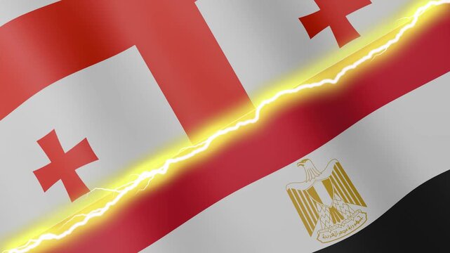 Two waving flags Georgia and Egypt with diagonal lightning seamless, 4k loop