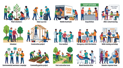 Naklejka premium Social Responsibility and Volunteer Community Service Activities Flat Vector Illustration Set
