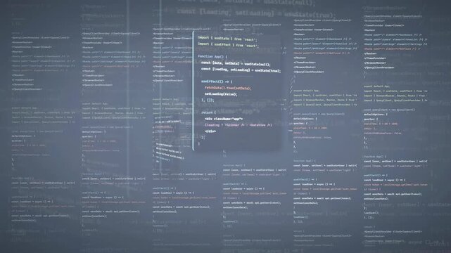 Abstract digital screen with scrolling computer code and programming data in a dark blue environment