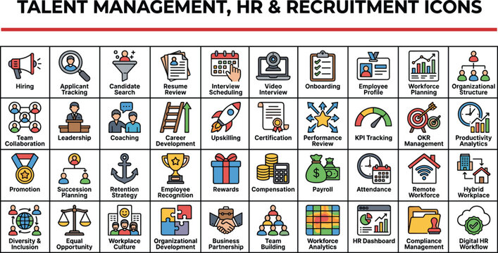 Talent management and human resources recruitment vector icon collection for corporate workforce planning business dashboard app interface layout