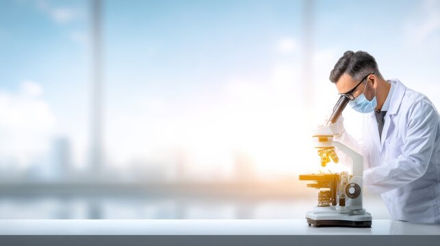 Scientist in Laboratory Using Microscope for Research and Experimentation with Blurred Background and Modern Laboratory Environment