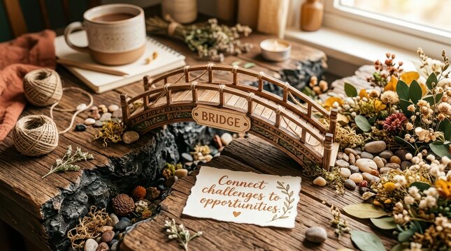 Decorative miniature bridge with inspirational quote 'Connect challenges to opportunities' and rustic elements on a wooden table