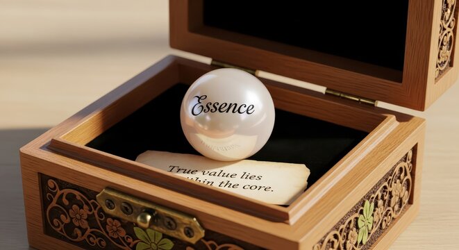 Decorative wooden treasure box opened with a pearl inscribed with 'Essence' and a note stating 'True value lies within the core'.