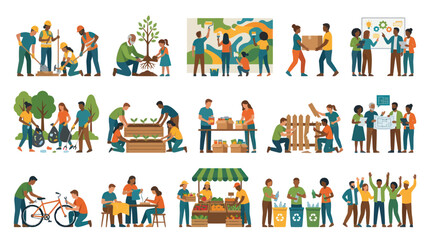 Naklejka premium Community Volunteers Doing Environmental Work and Art Projects Flat Vector Illustration