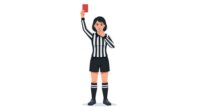 Stern female referee blowing whistle and showing red card during sports match flat design vector illustration