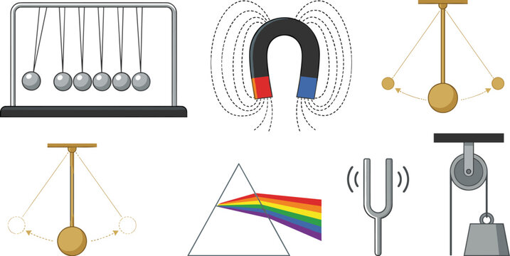 Physics Science Experiment Icon Set with Newtons Cradle Horseshoe Magnet Prism Light Spectrum Pendulum and Tuning Fork Vector Illustration