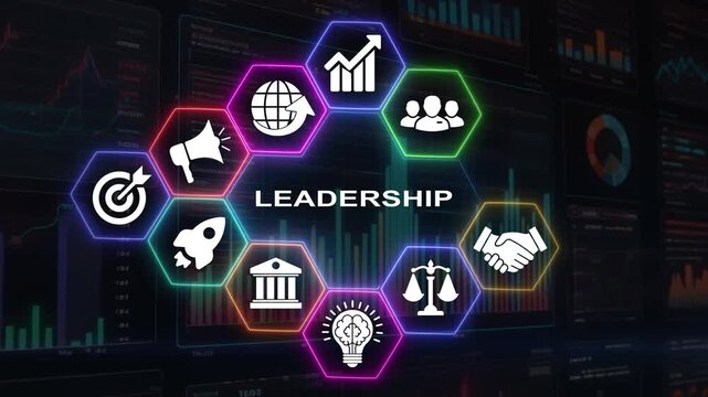 Leadership animated with business icons on a dark background showing data.