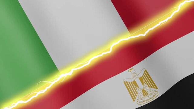 Two waving flags Italy and Egypt with diagonal lightning seamless, 4k loop