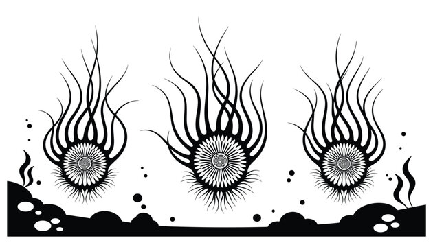 Stylized black and white drawing of mysterious deep-sea creatures resembling sea anemones with long flowing tentacles.