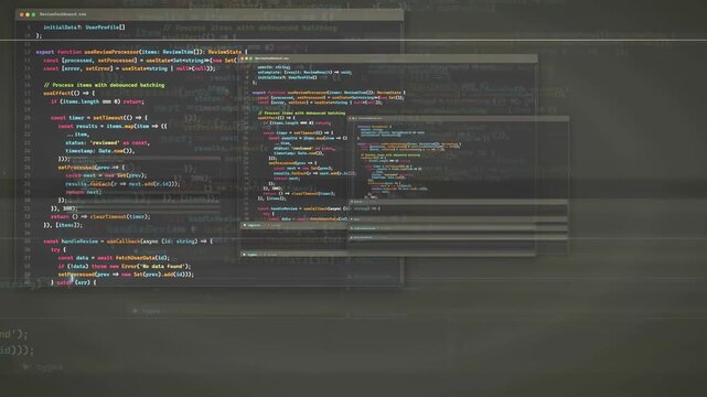 Digital screen displaying scrolling computer code for software development and programming technology concept