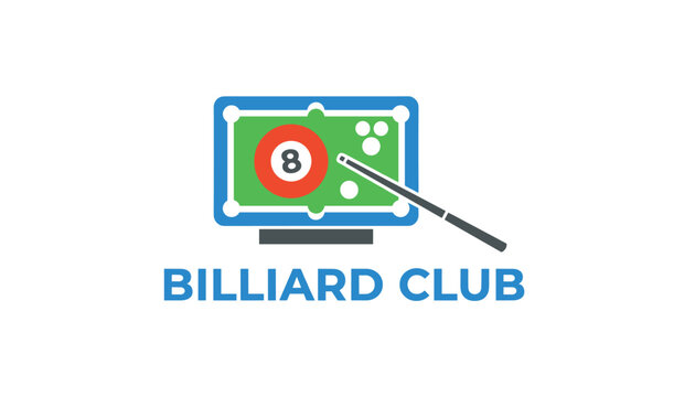 Elegant billiard club logo featuring a green pool table, cue stick, and a red eight ball on a white background.