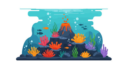 Vibrant underwater volcano surrounded by colorful coral reef © alfi