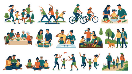 Fototapeta premium Healthy Lifestyle Activities Flat Vector Illustration - Family Wellness, Active Living Well-being