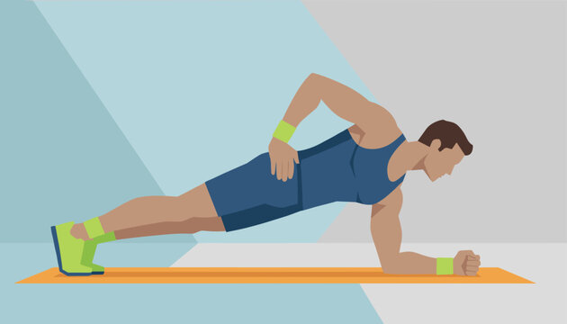 Fit athletic man doing a side plank exercise on a fitness mat to strengthen core muscles during his indoor workout routine.