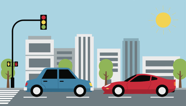 Cars waiting at a city intersection with traffic lights against a background of modern buildings on a sunny day.