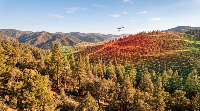 Aerial survey of a vast forest landscape during a wildfire emergency with wildfire landscape mountain emergency surveillance technology disaster wilderness environment woodland observation