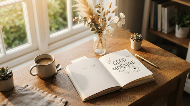 Cozy morning workspace setup with an open notebook, coffee mug, and dried flowers by the window
