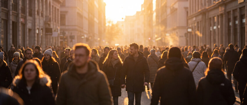 Crowd of people walking on city street in warm sunset light, featuring a young couple in the center of a busy urban pedestrian zone, perfect for lifestyle and community concepts