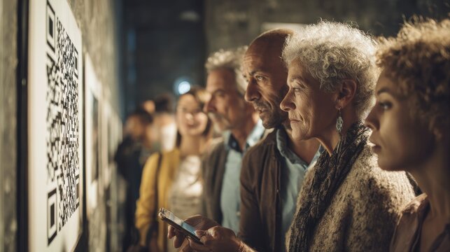 Group of multi-ethnic visitors scanning QR code to get more information about black and white photo on wall at exhibition in museum