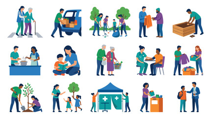 Fototapeta premium Diverse Volunteers Helping Others: Flat Style Illustration Set