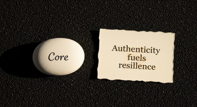 Core concept of authenticity fueling resilience, represented by text on a pill and paper against a dark textured background