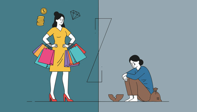 Graphic split screen illustrating the dramatic contrast between a wealthy woman shopping and a poor woman crying.