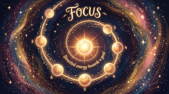 Cosmic Energy Flow Towards a Central Goal with the Word Focus and Celestial Swirls