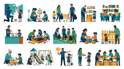 Fototapeta premium Diverse Family Activities: Volunteering, Gardening, Painting, Reading, Community Help