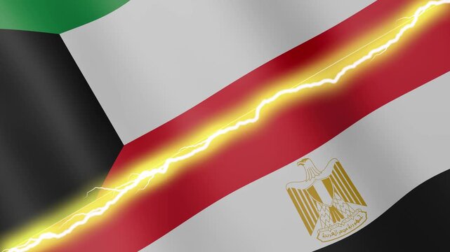 Two waving flags Kuwait and Egypt with diagonal lightning seamless, 4k loop
