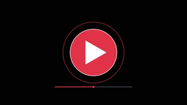 Minimalist play button animation with progress bar on 4k black background, for digital media interface
