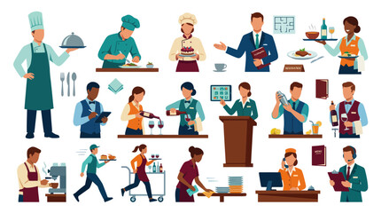 Fototapeta premium Flat Style Restaurant Staff and Food Service Professionals Vector Icons