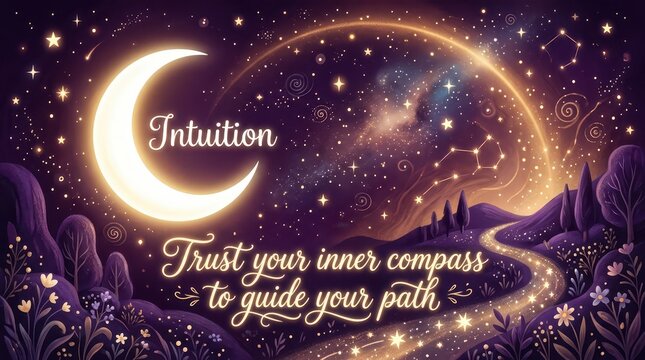 Dreamy cosmic night landscape with crescent moon, constellations, and a winding path, symbolizing intuition and guidance.