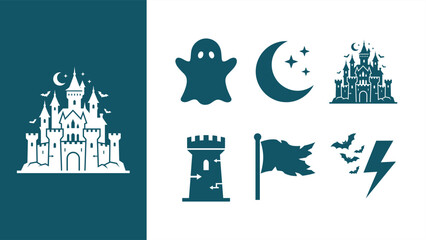 Fantasy castle icon set: vector silhouettes of castles, ghost, moon, stars, flag, fortress, bat and lightning for fantasy, Halloween and game design. Flat icon illustration EPS 10. © Muchib R.