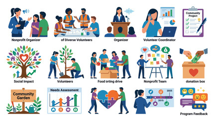 Fototapeta premium Nonprofit Organization, Volunteering, Community Service Flat Design Vector Illustrations Set