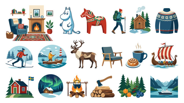 Scandinavian Culture and Nordic Lifestyle Flat Vector Illustration Set: Travel, Nature  Traditional Symbols