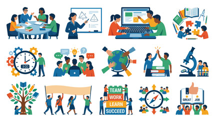 Naklejka premium Flat Vector Learning, Education, Teamwork and Business Concepts Icons Set