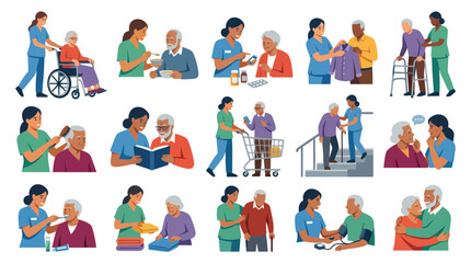 Fototapeta premium Elderly Care Flat Vector Illustrations: Caregivers Assisting Seniors in Daily Life and Healthcare