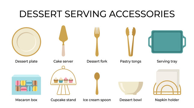 Elegant icons of a dessert plate, cake server, pastry tongs, cupcake stand, and macaron box. Ideal for bakery menus, wedding planning guides, and food service branding.