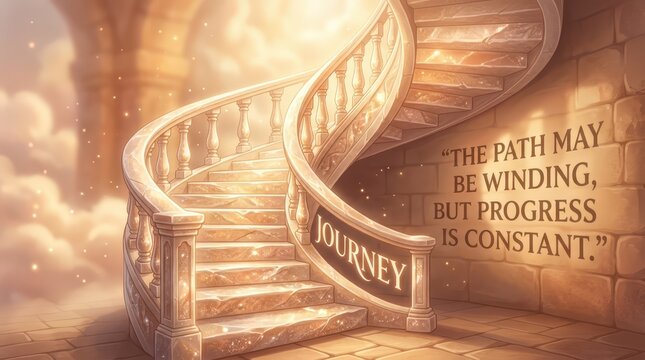 Elegant spiral staircase with ornate railings inscribed with the word 'Journey' and a motivational quote about progress against a dreamy, ethereal bac