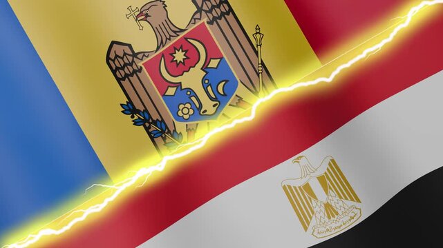 Two waving flags Moldova and Egypt with diagonal lightning seamless, 4k loop