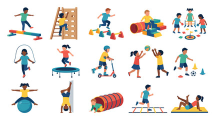 Fototapeta premium Kids Playing and Exercising in Indoor Playground: Flat Style Vector Art